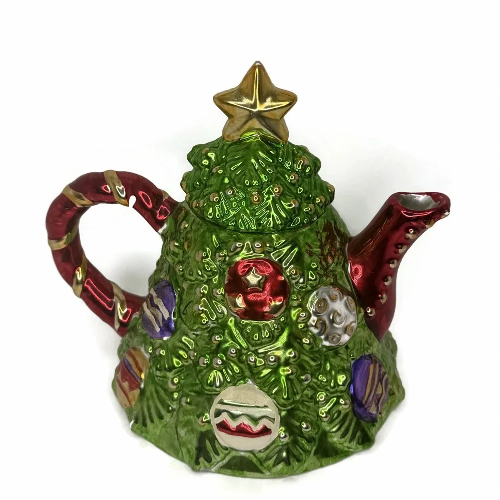 Vintage Allure 1998 Ceramic Metallic Glazed Christmas Tree Teapot